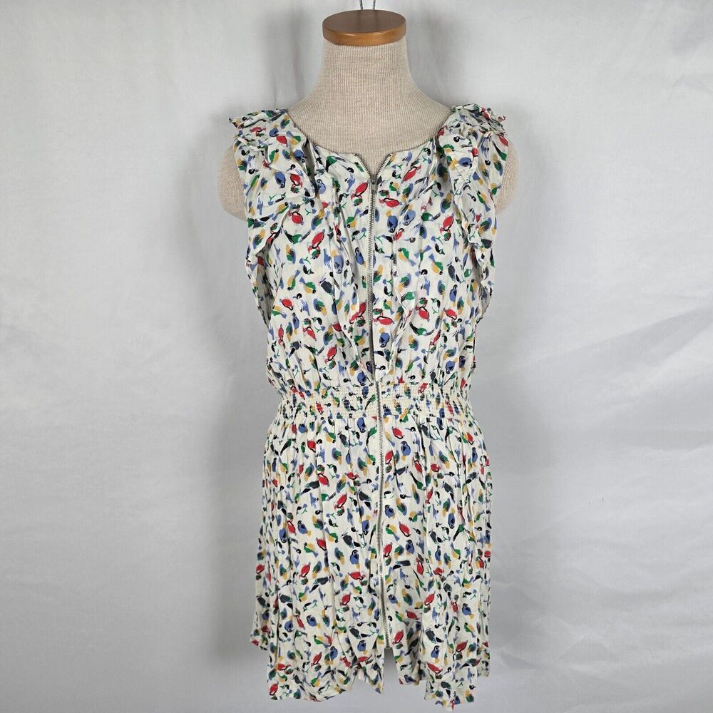Line & Dot Dress Women's Small White w/ Colorful Bird Print Cap Sleeve Mini Zip